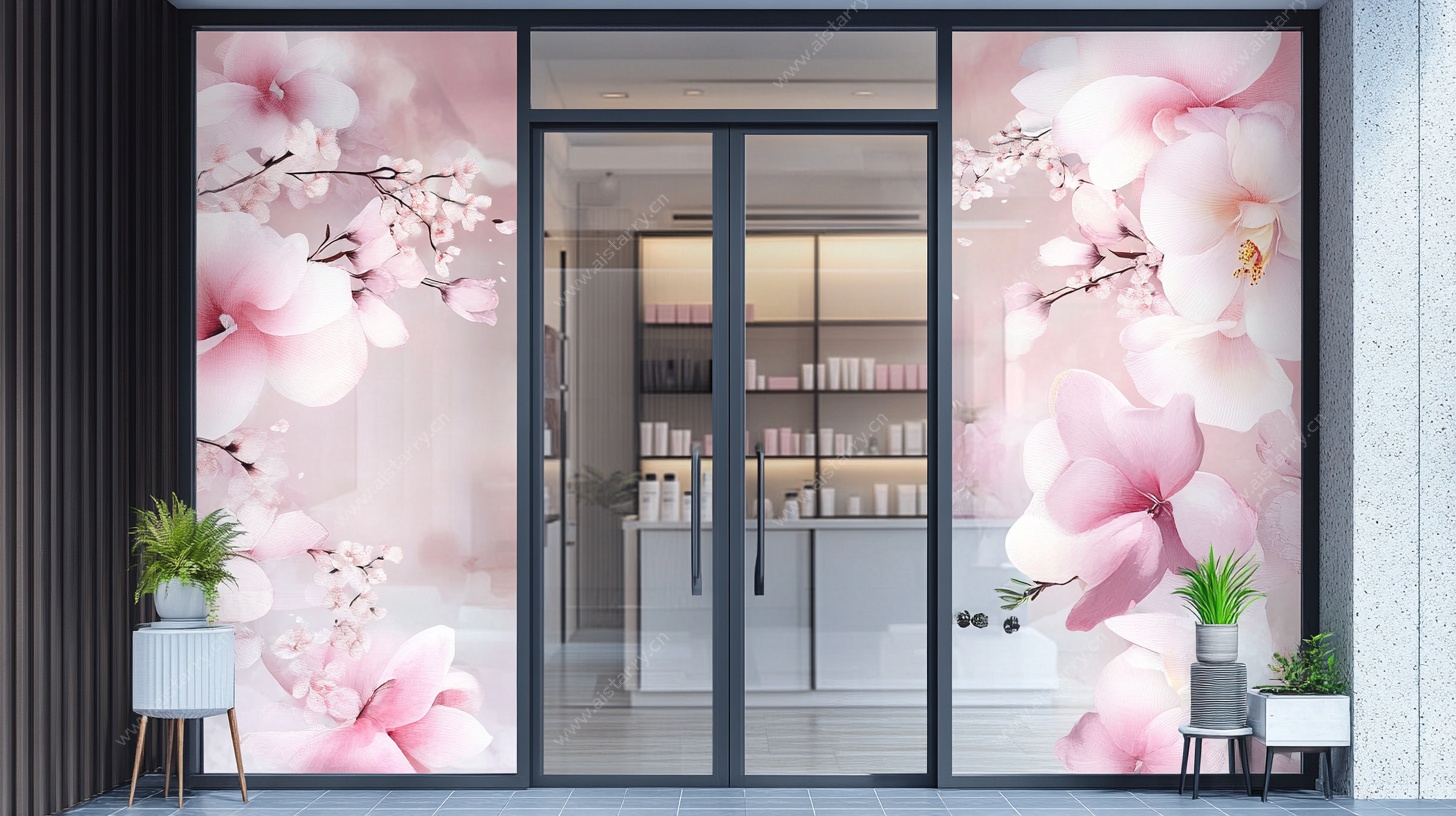 粉色花卉玻璃装饰店面图