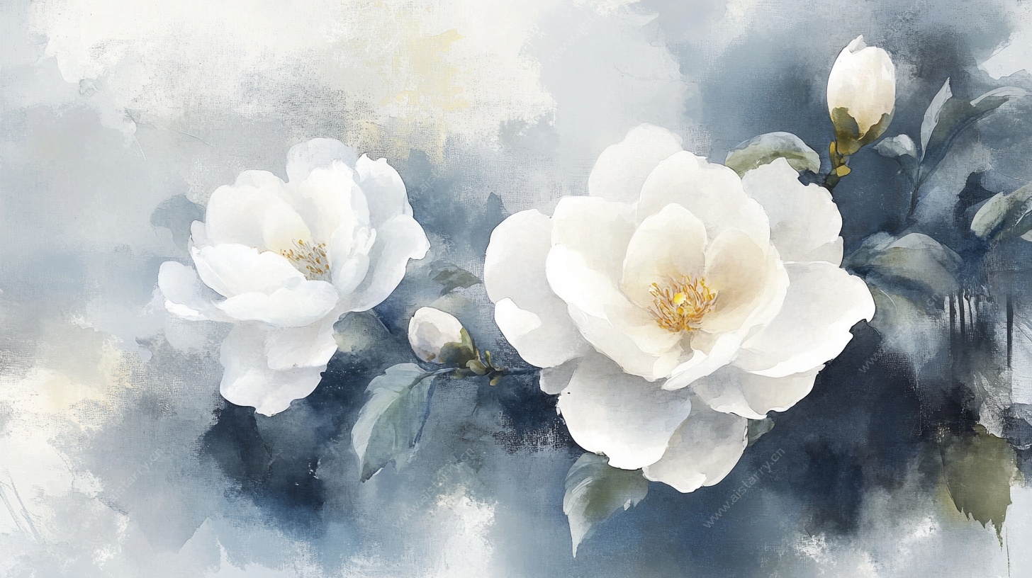 水墨风格白牡丹花图