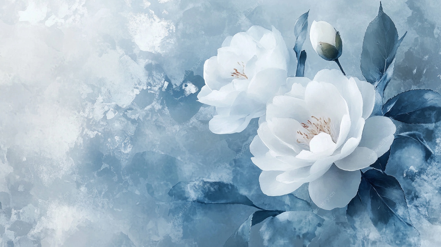 蓝调水墨风白色花卉图