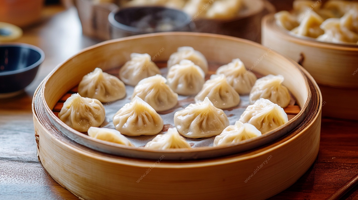 小笼汤包摆放在竹制蒸笼中