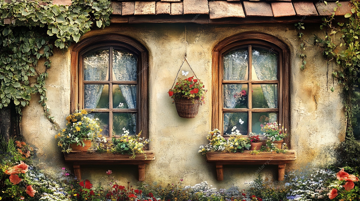 田园风窗边花卉装饰图景