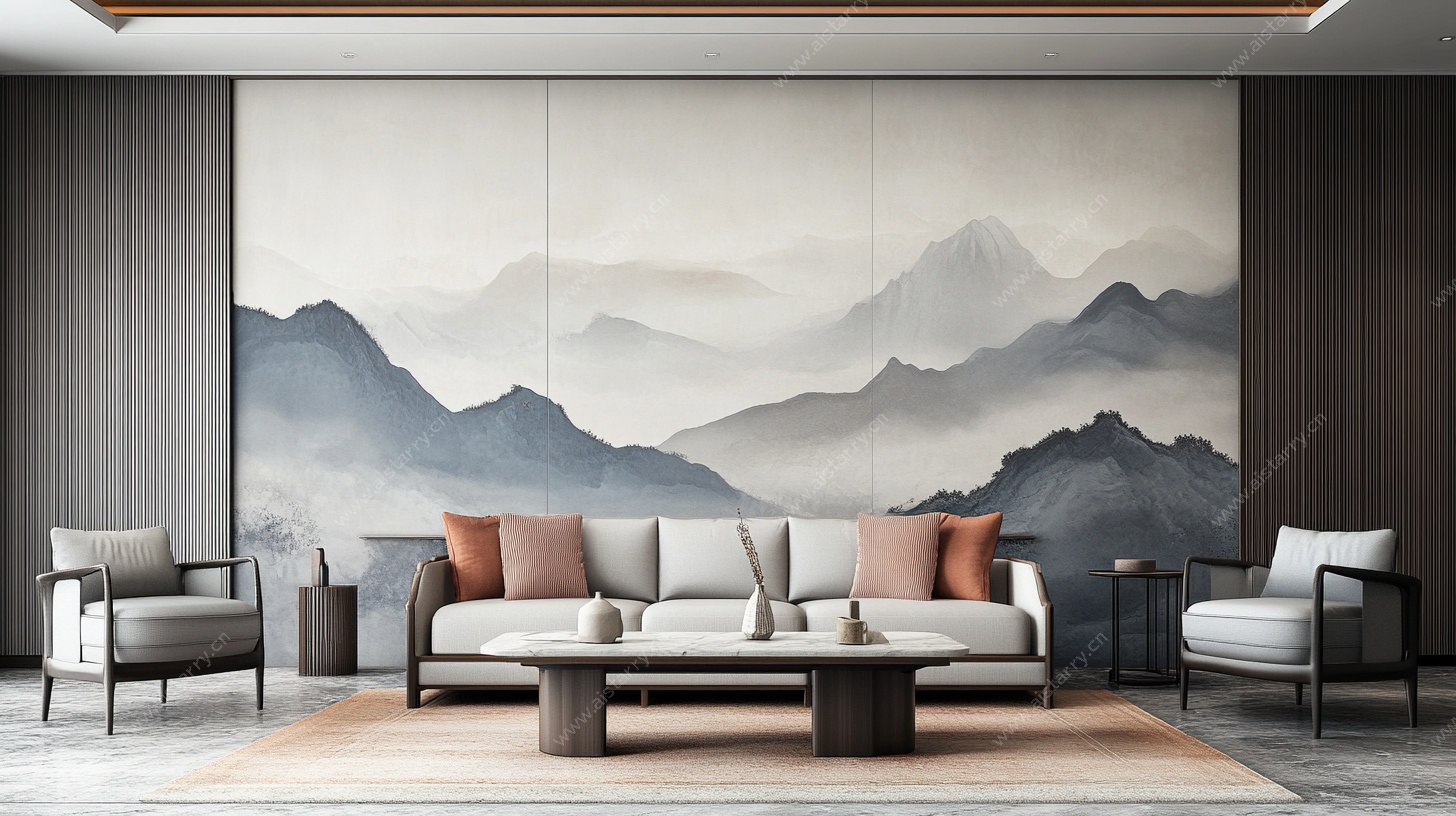 新中式客厅山水壁画场景