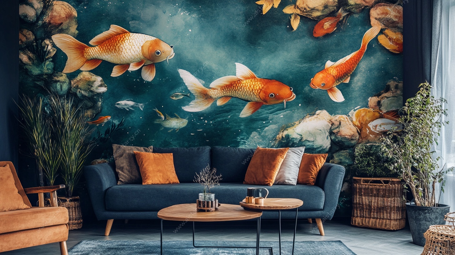 客厅中灵动锦鲤壁画装饰