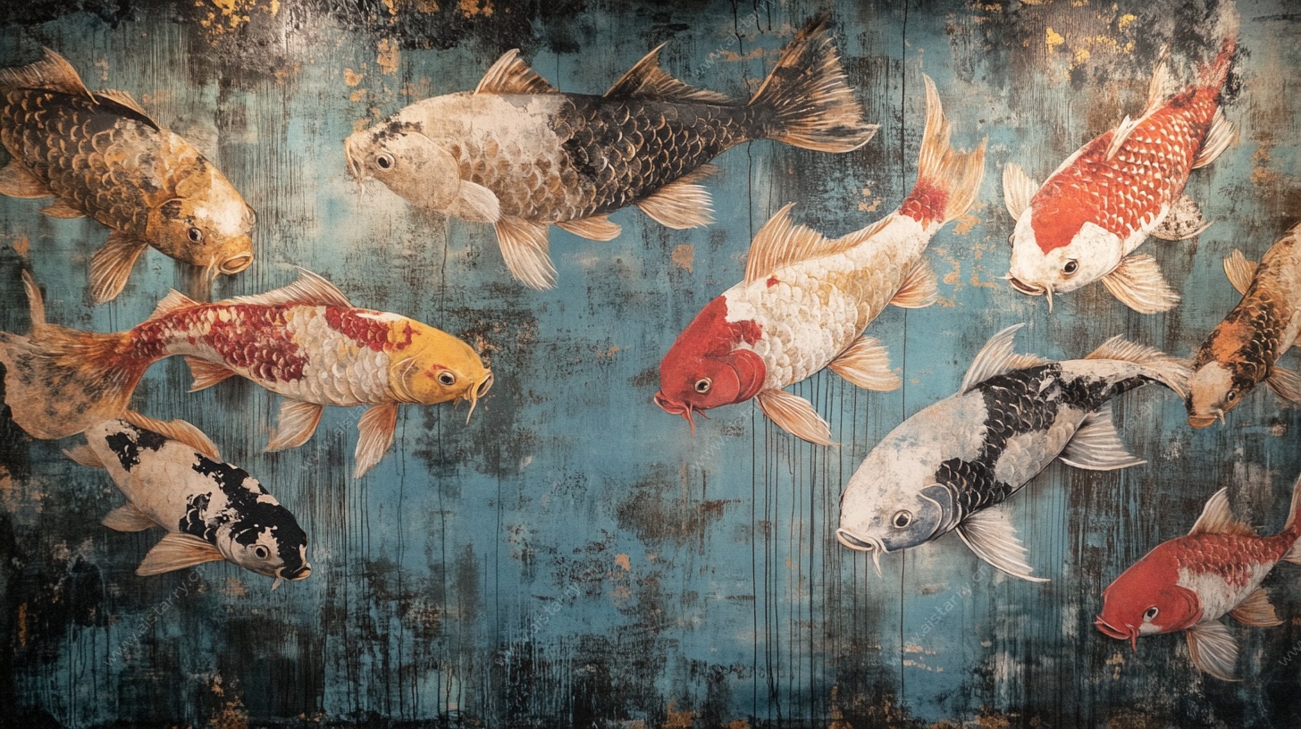 锦鲤在复古背景下游动