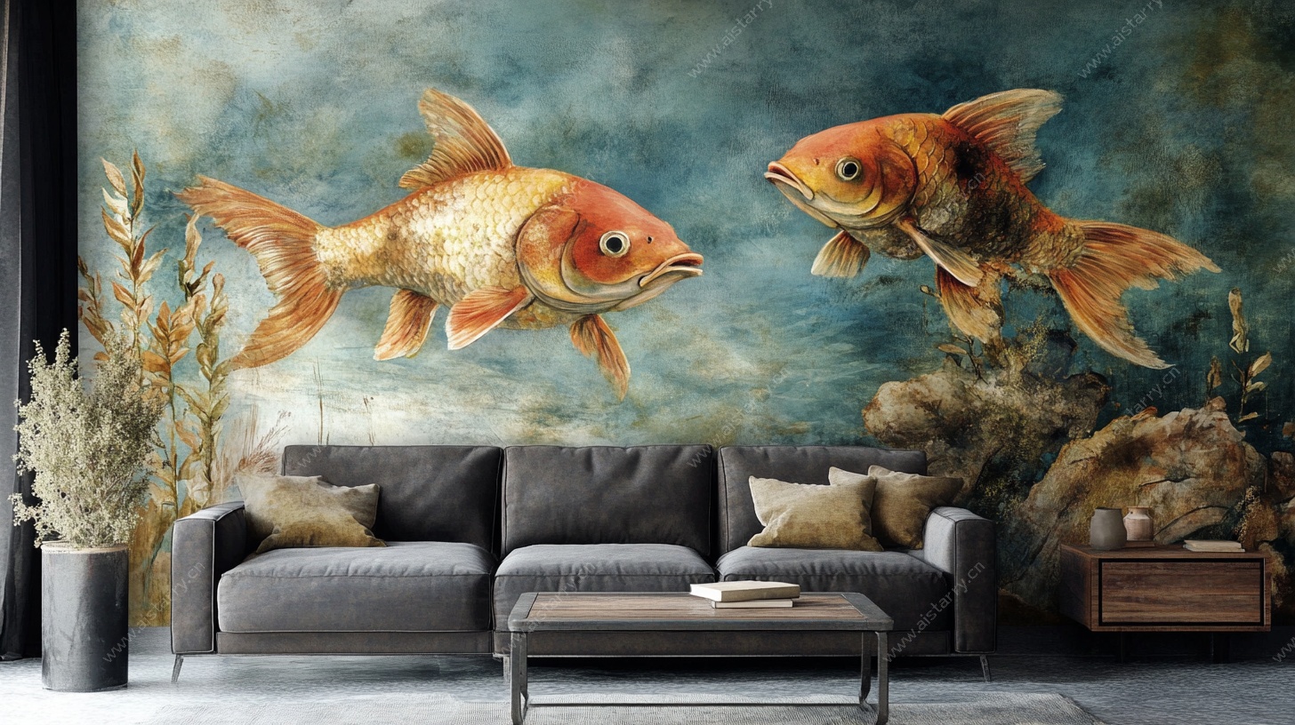 客厅金鱼壁画装饰图