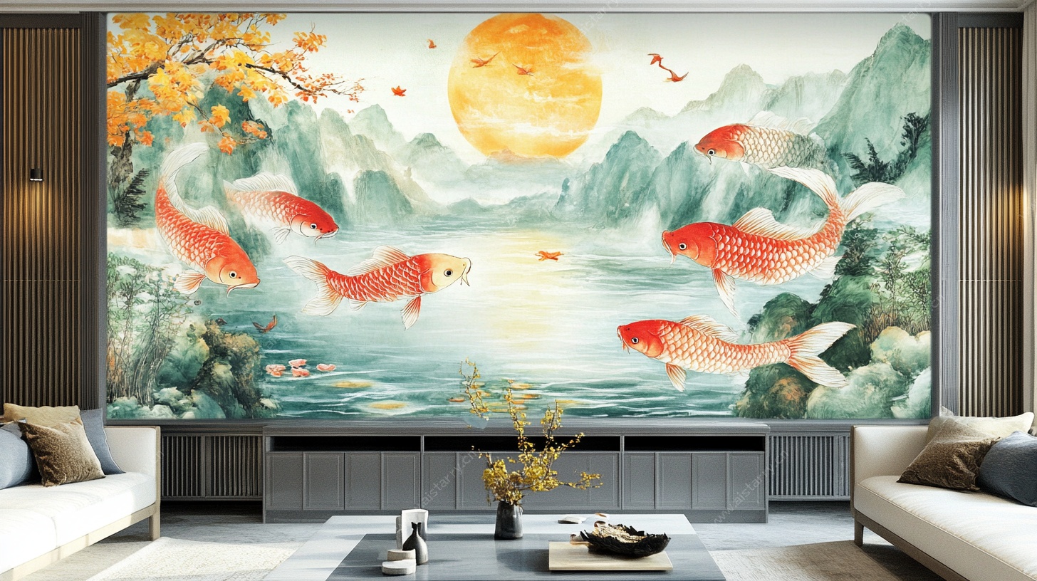 中式客厅九鱼图山水壁画
