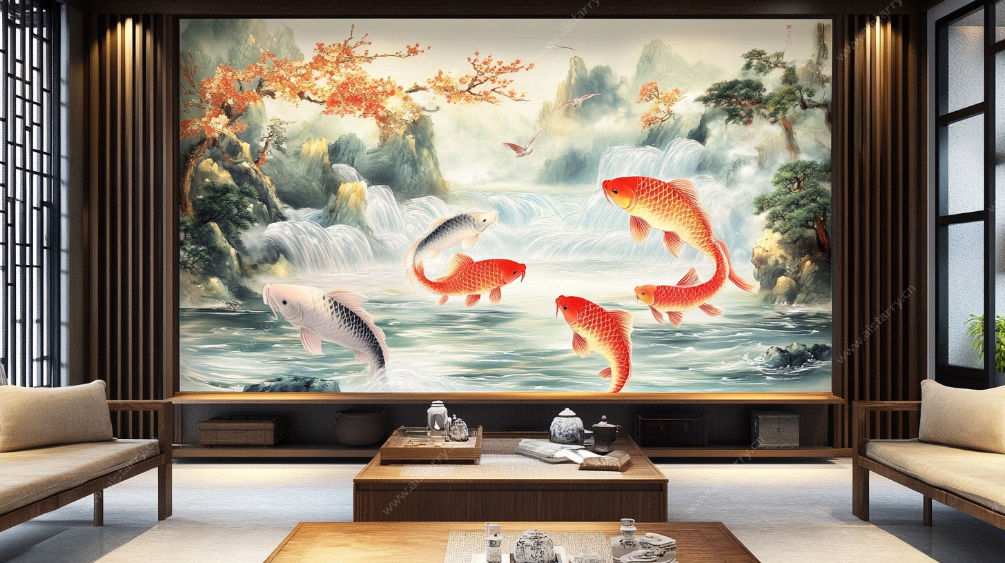 中式客厅九鱼图山水壁画