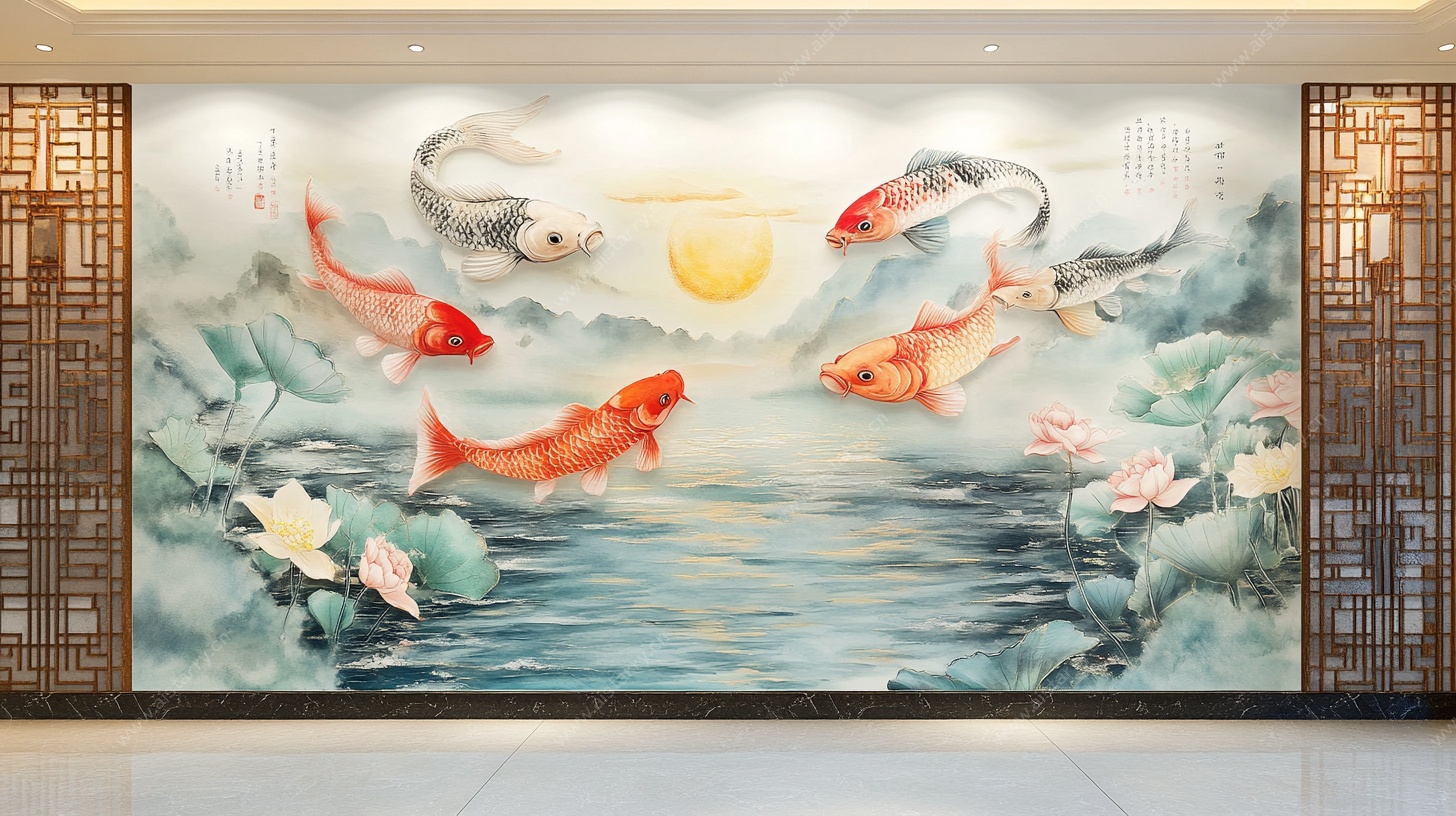 九鱼图中式荷花背景墙