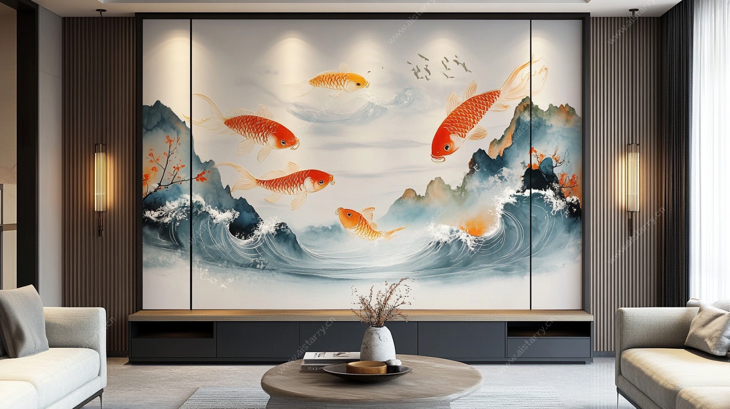 中式客厅九鱼图背景墙