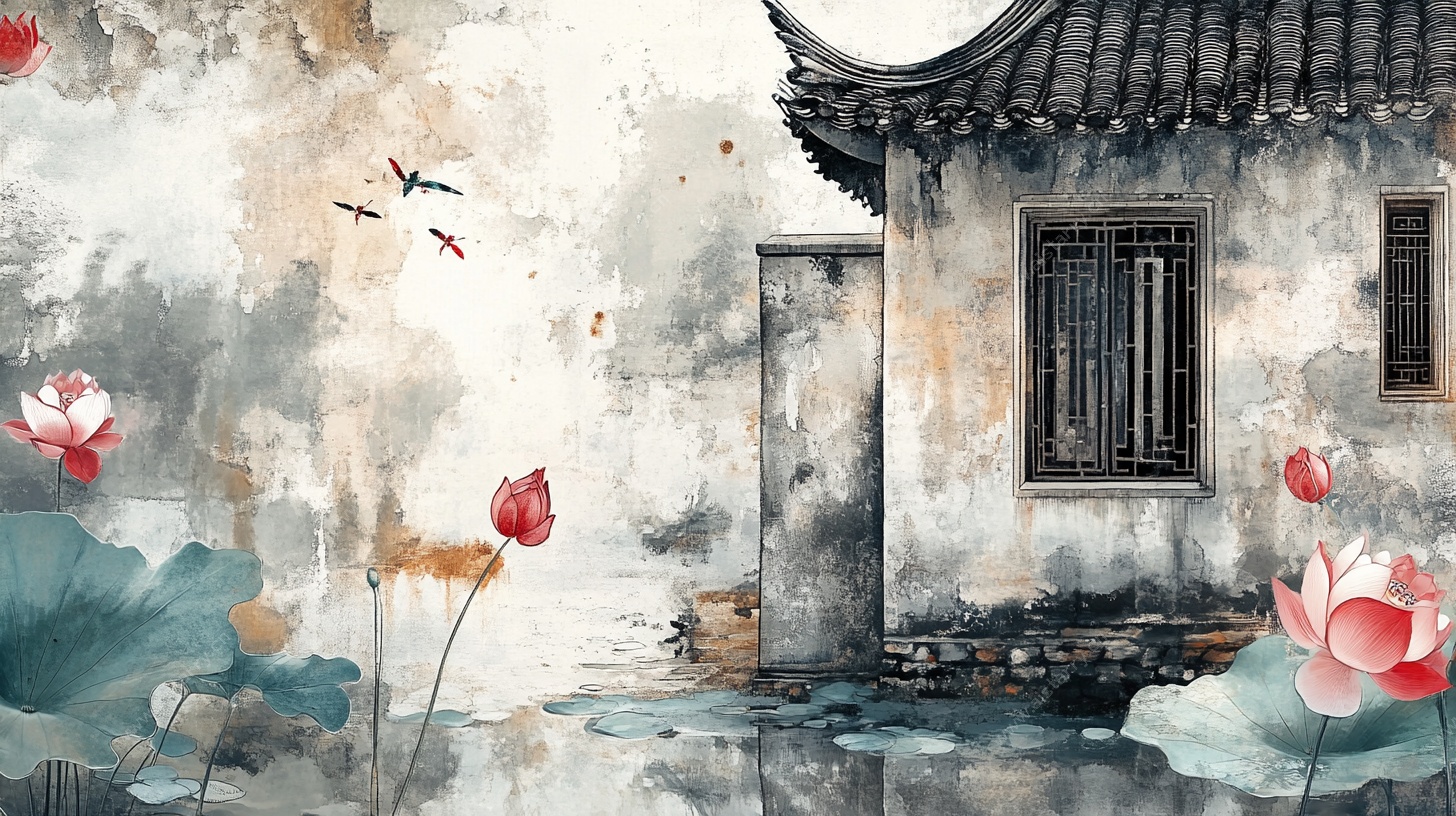 水墨江南古宅荷花图