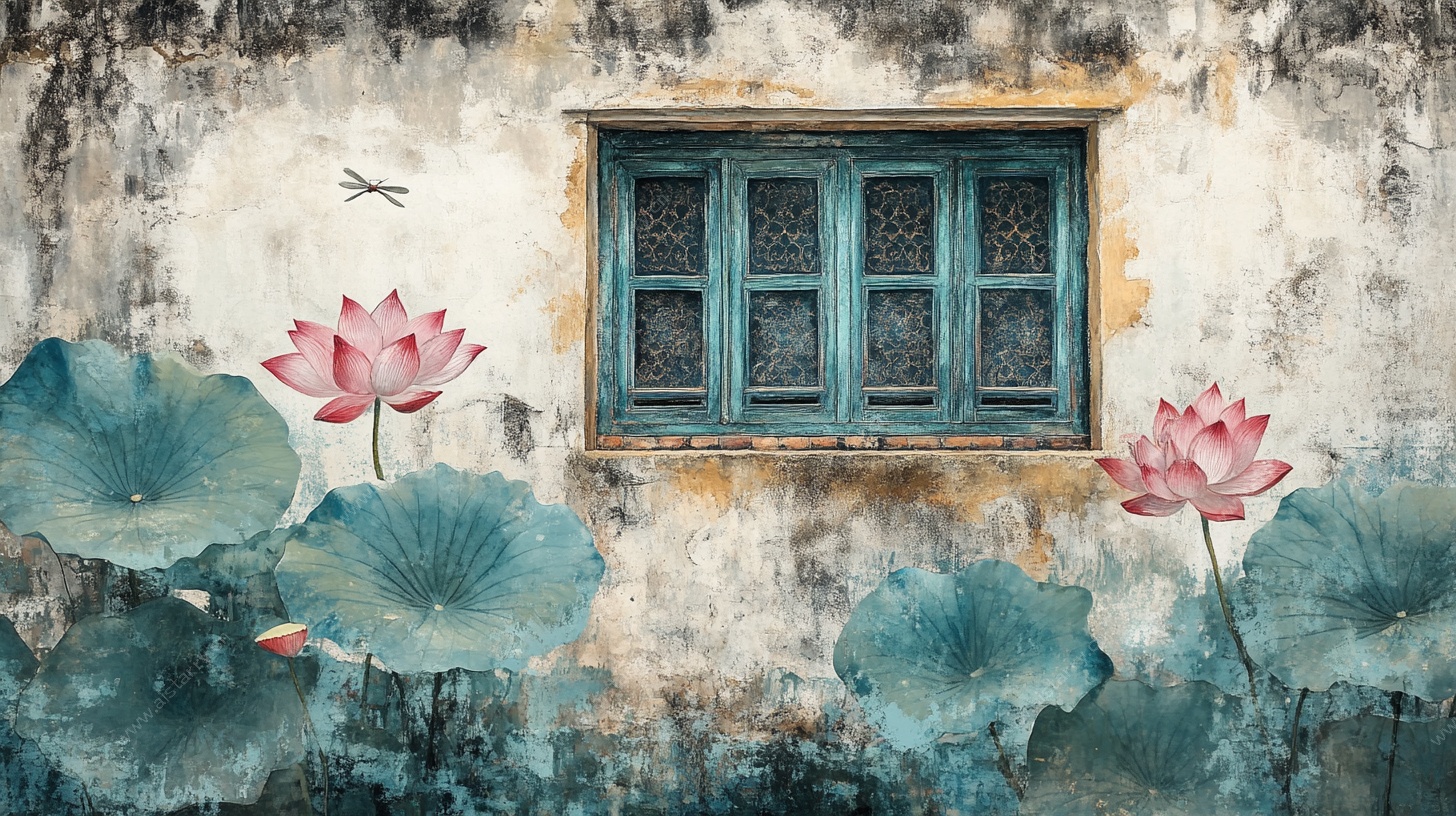 中式古风窗景荷花水墨画