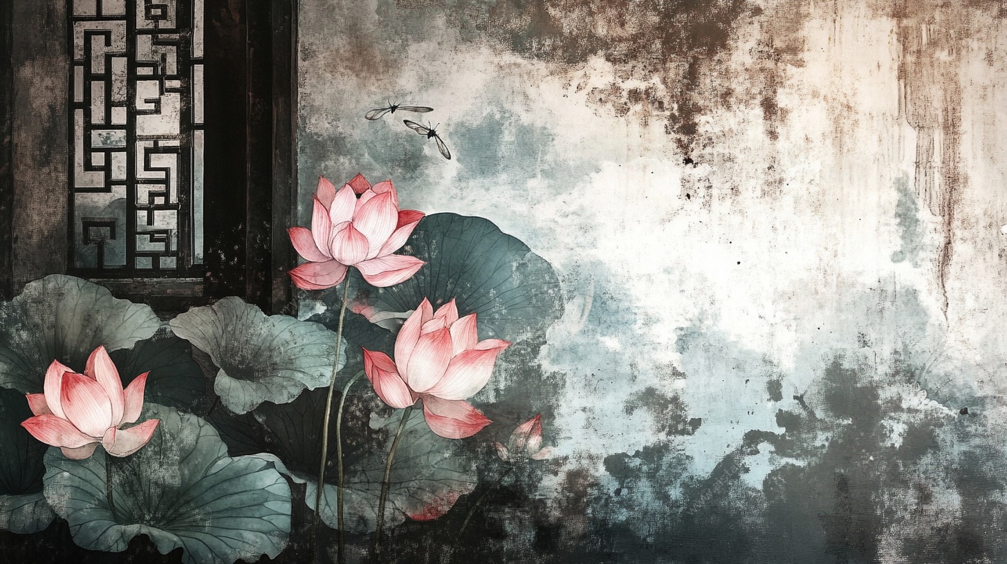 水墨荷花中式意境背景图