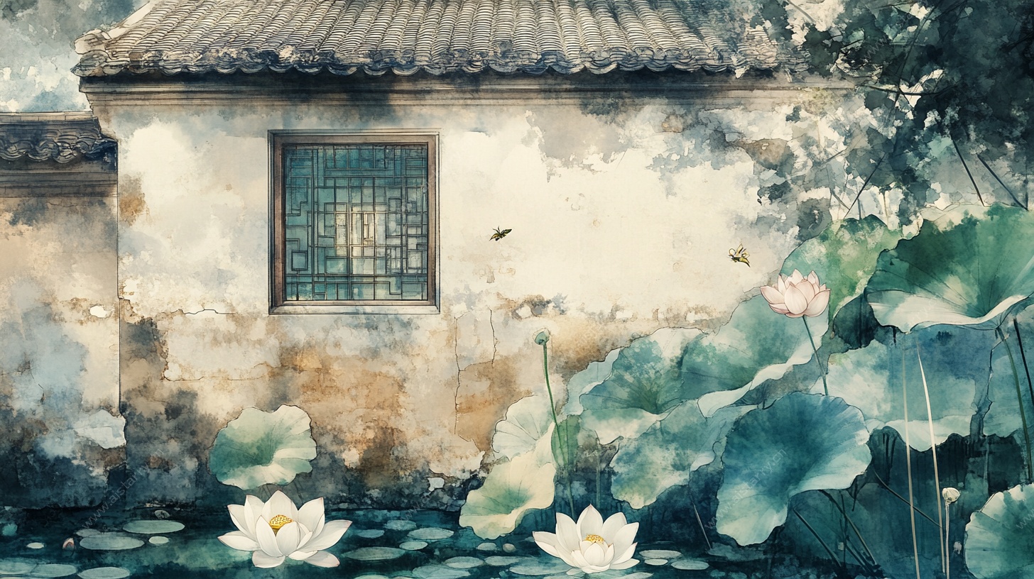 水墨风古宅荷花景致图