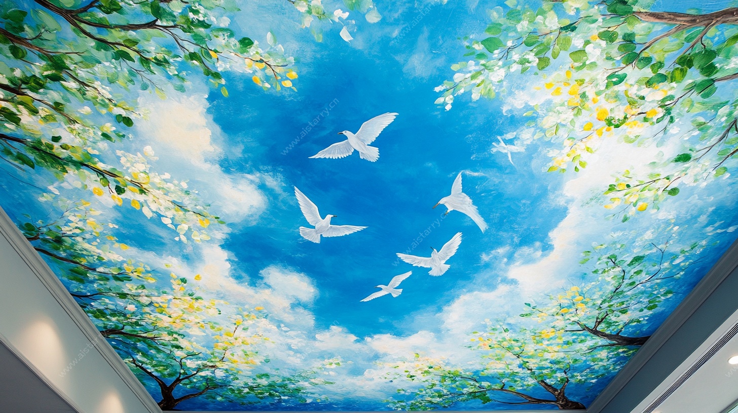 天空飞鸟树木天花板彩绘
