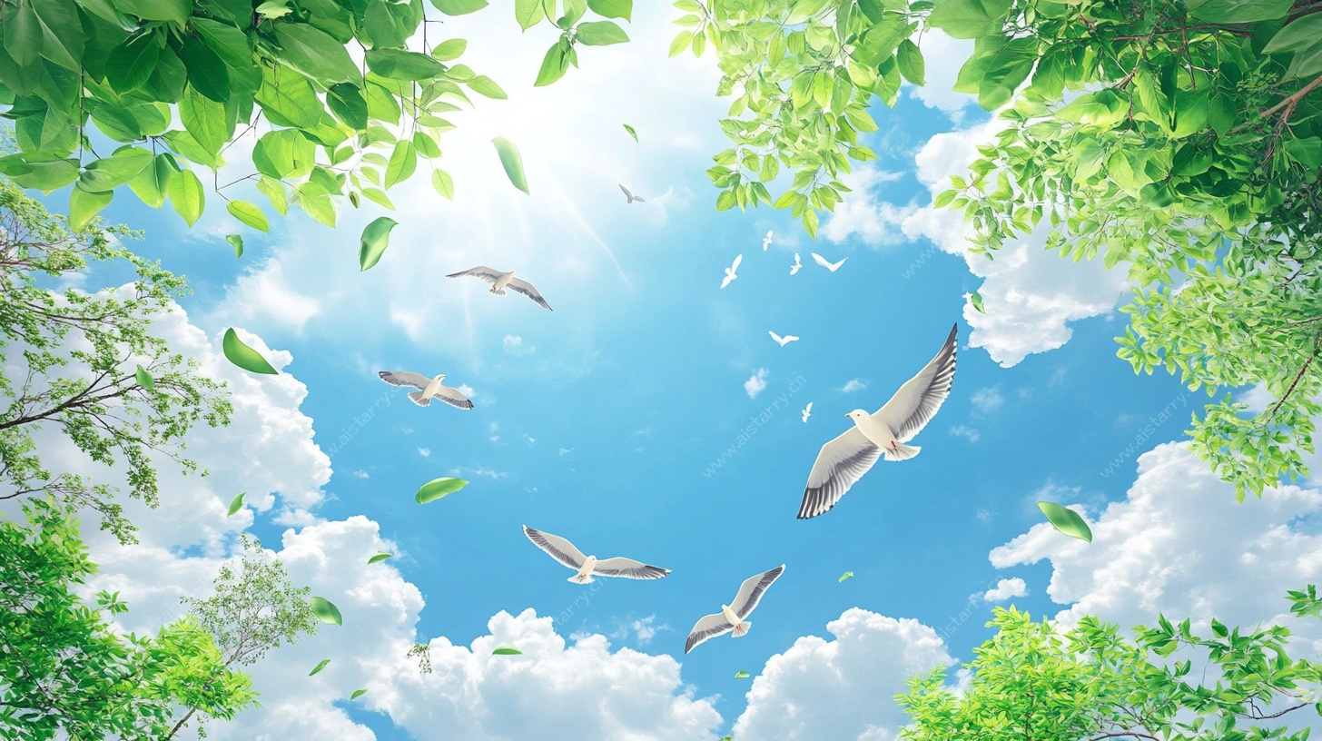 蓝天飞鸟绿树美好景象