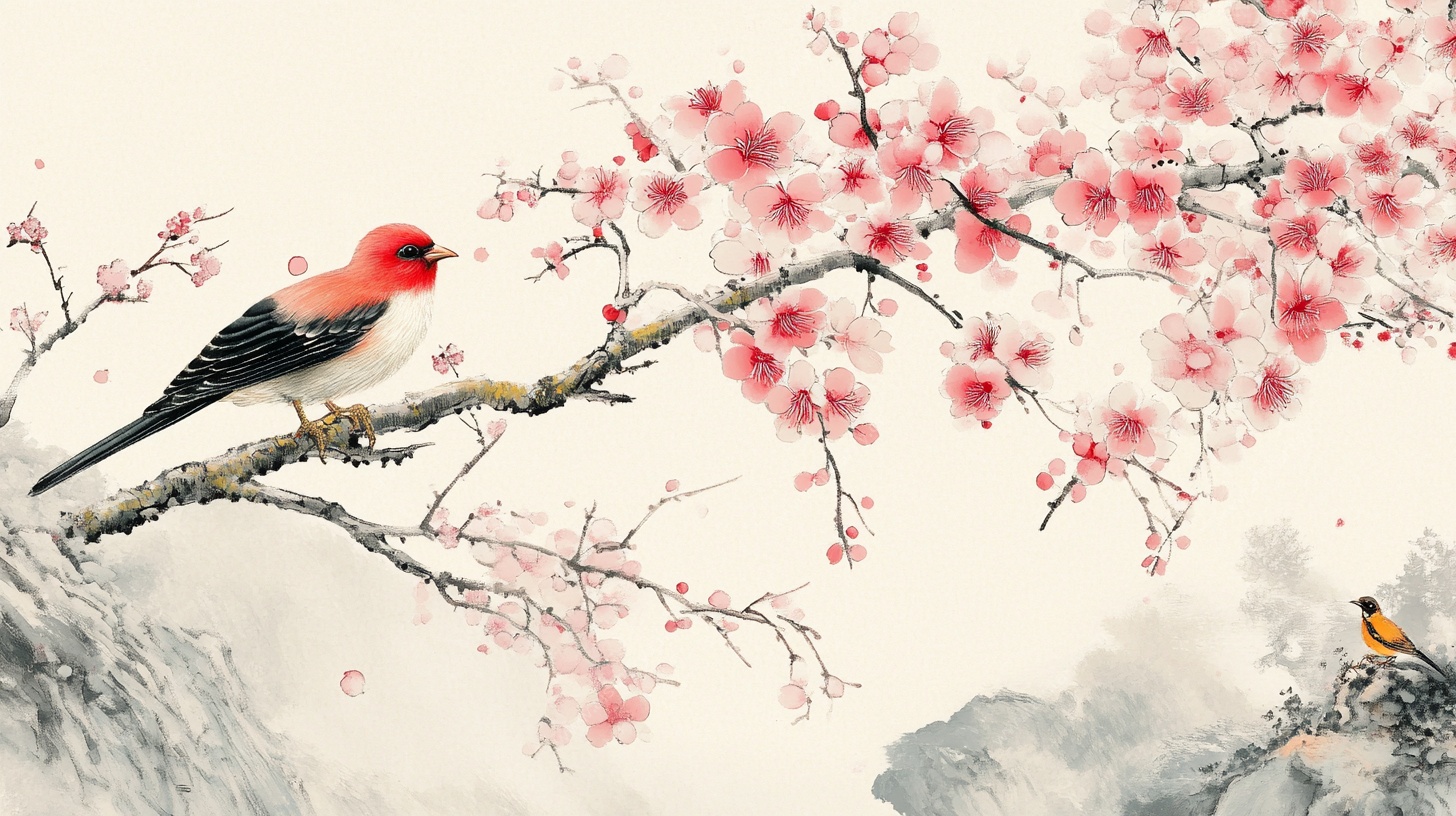 红梅枝头双鸟图