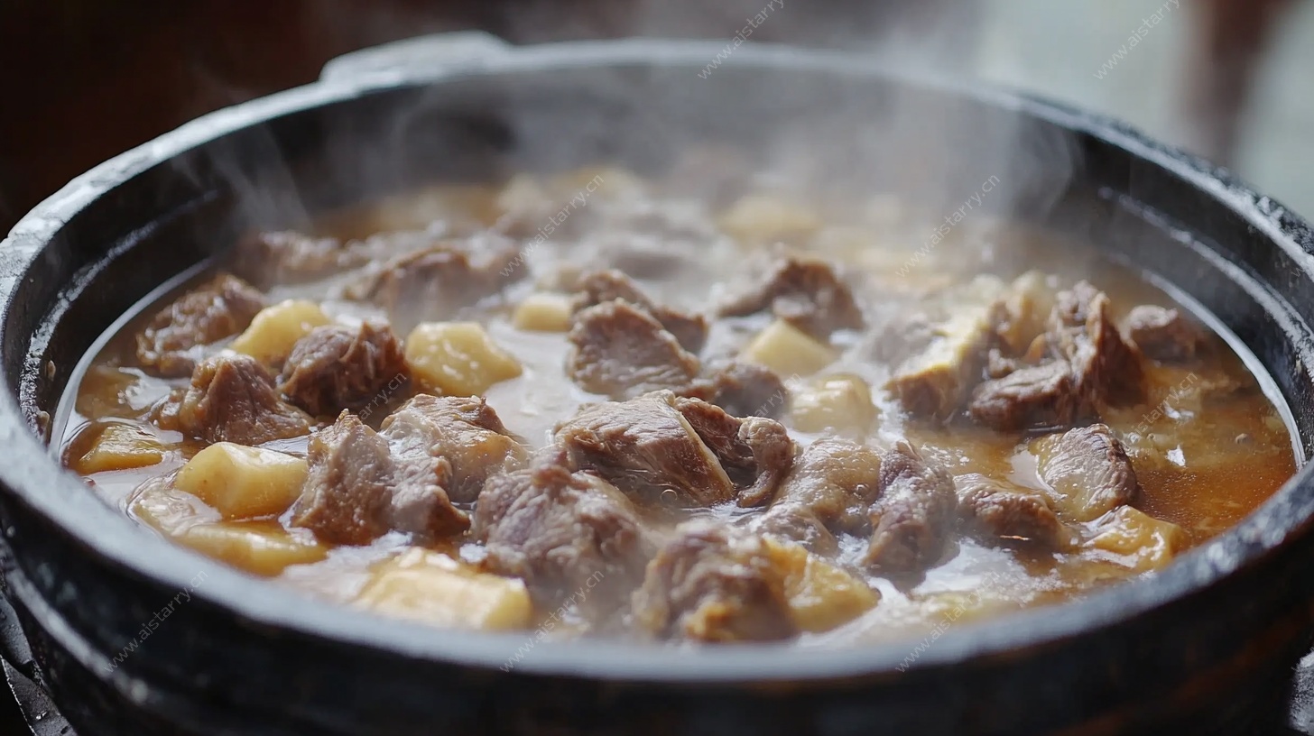 热气腾腾的砂锅炖牛肉
