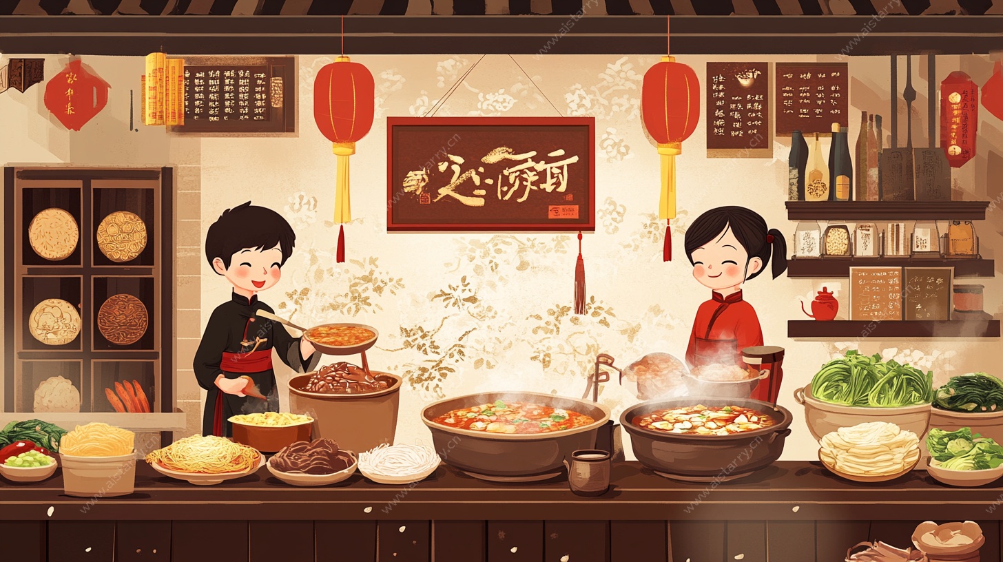 中式厨房烹饪场景插画