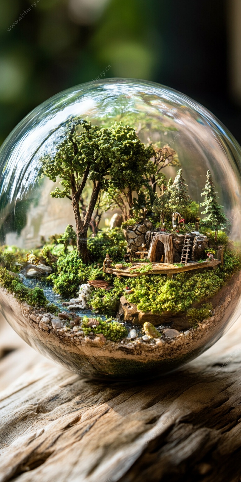 玻璃球中的迷你森林景观
