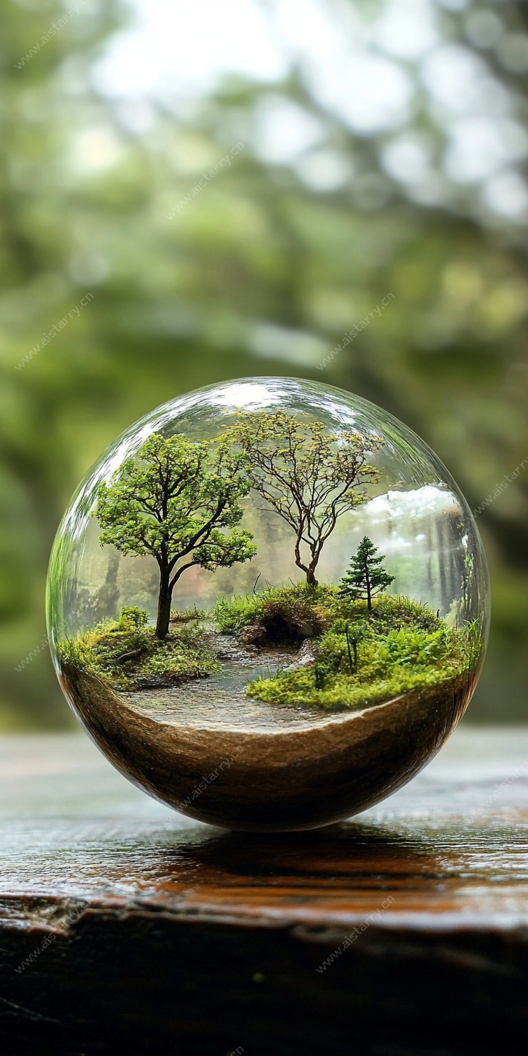 玻璃球中的迷你森林景观