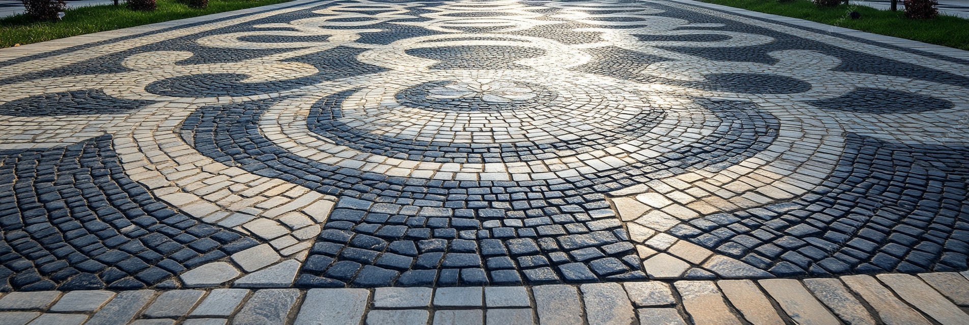 阳光照耀下的精美砖石路面