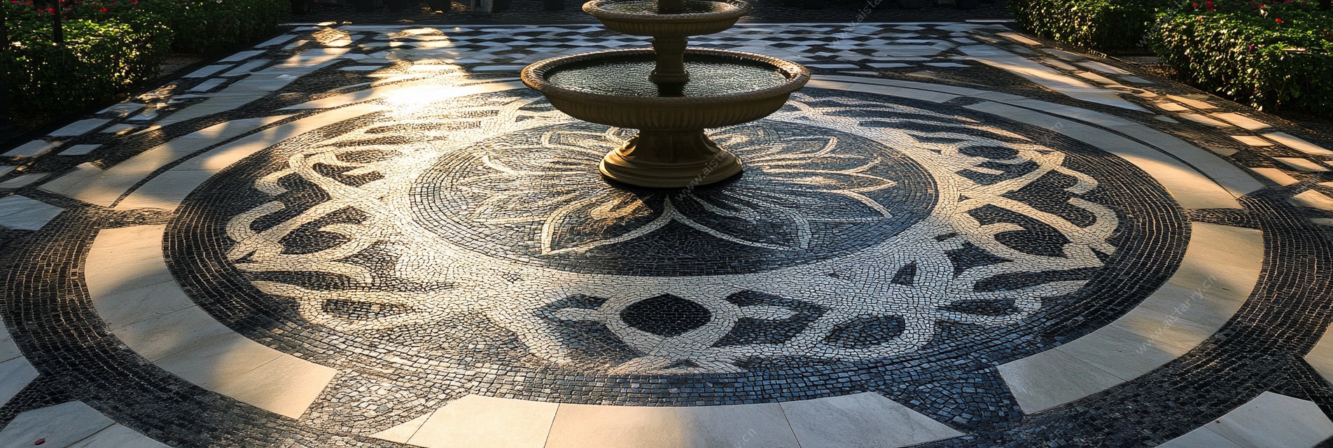 庭院精美喷泉与马赛克地面