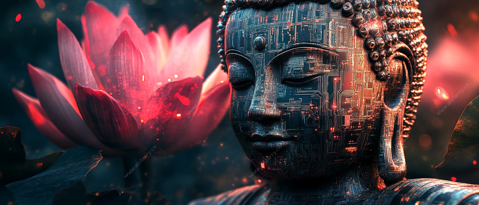 赛博佛像与绽放莲花