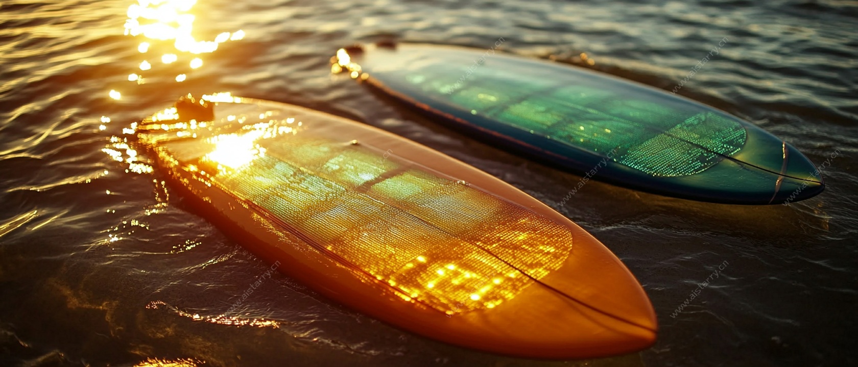 夕阳下的彩色冲浪板