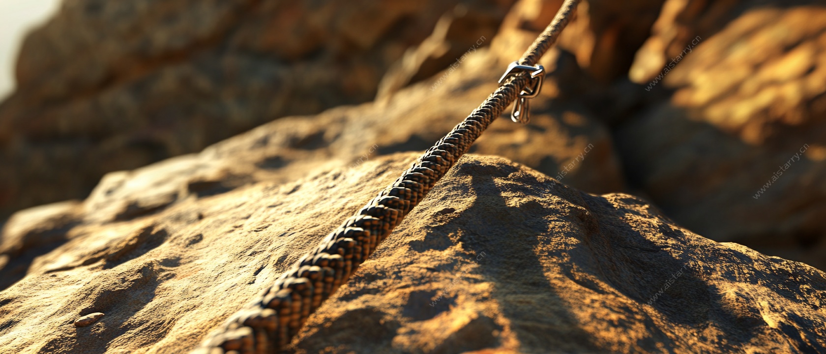 攀岩绳索系于嶙峋岩石间