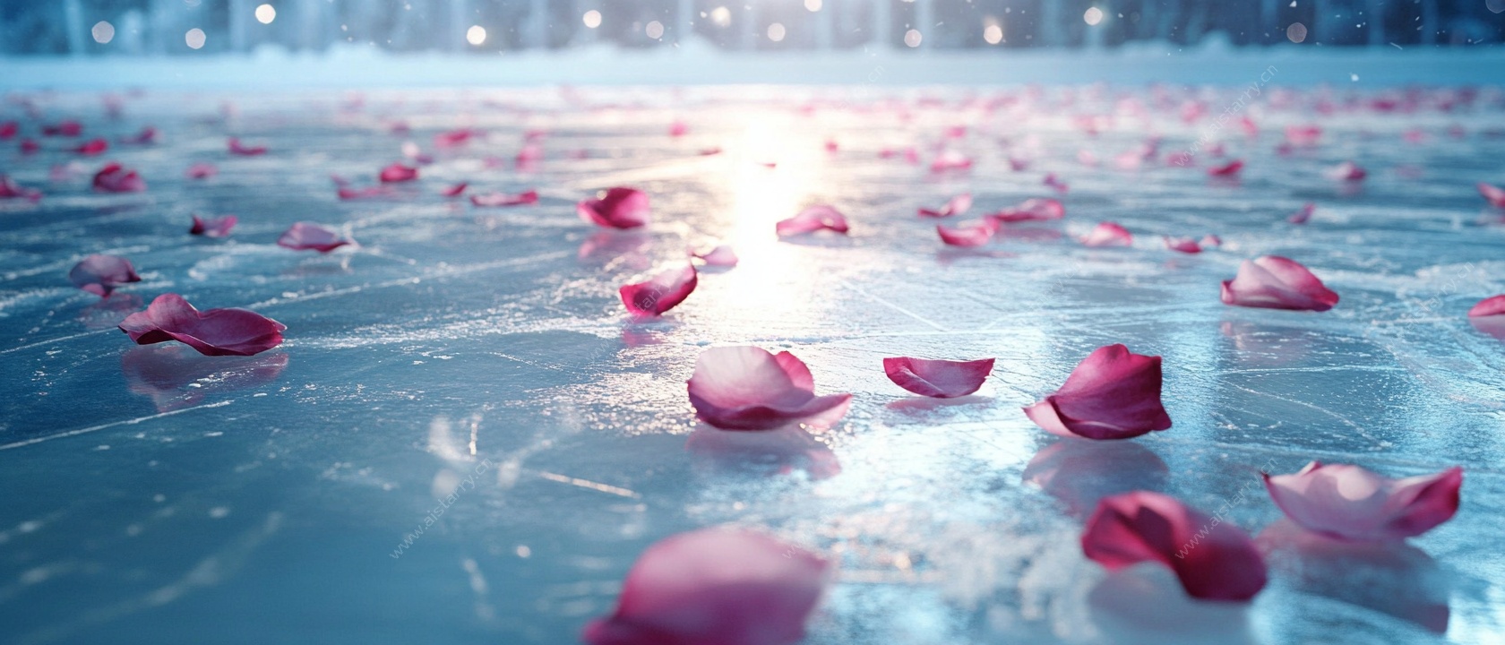 冰面散落玫瑰花瓣美景