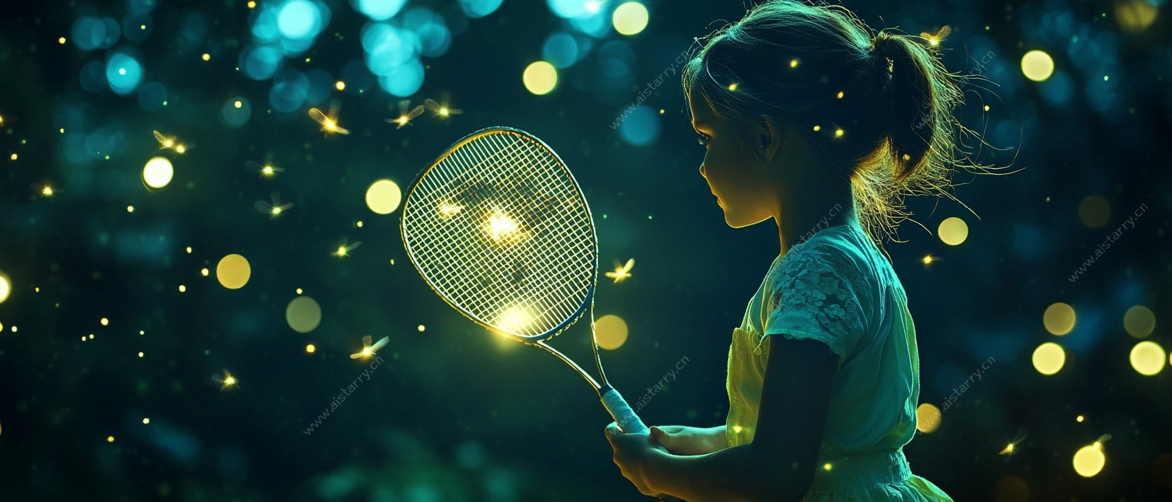 女孩持网捕萤梦幻瞬间