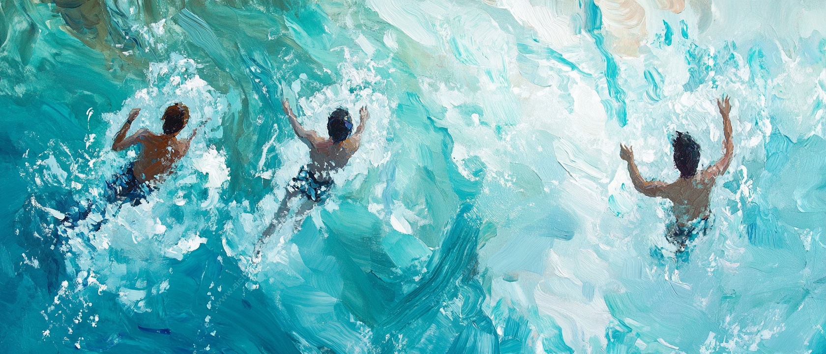 三人畅游于碧海浪花间