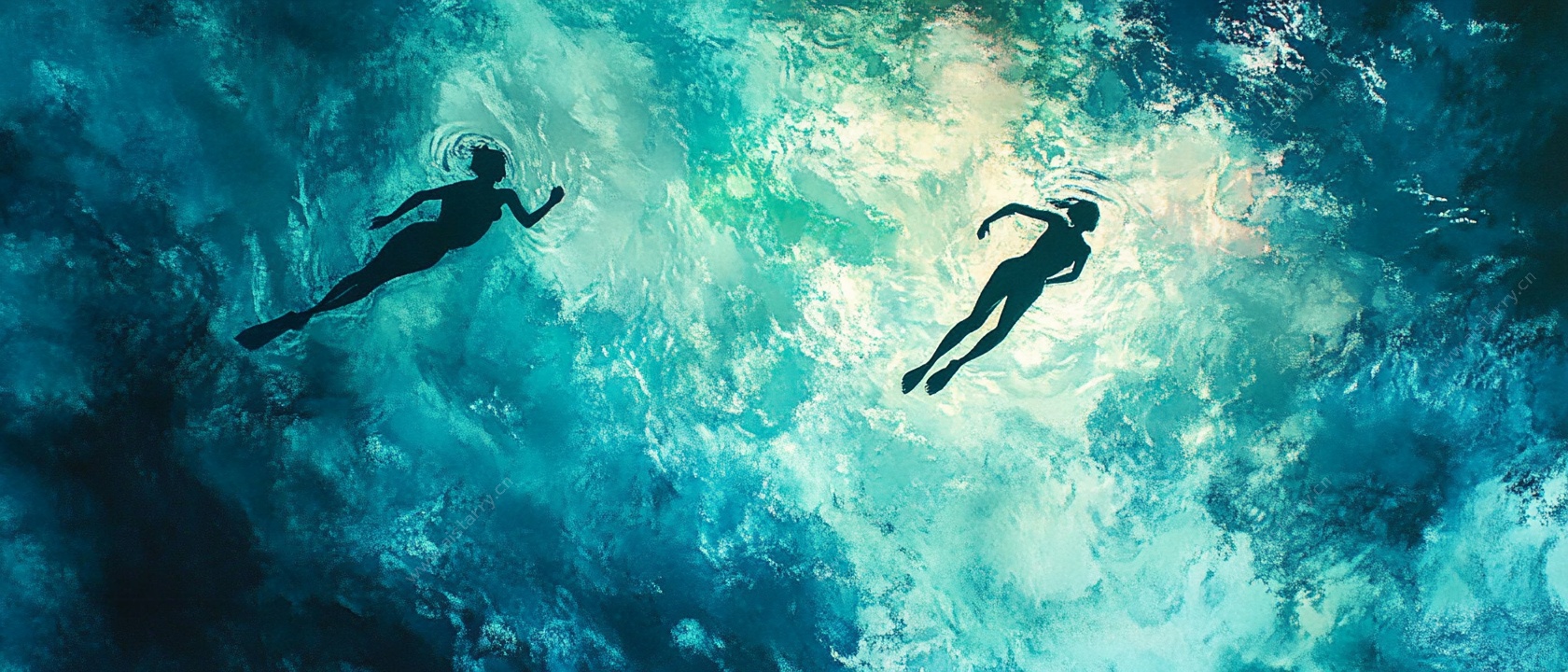 水下双人自由潜水剪影