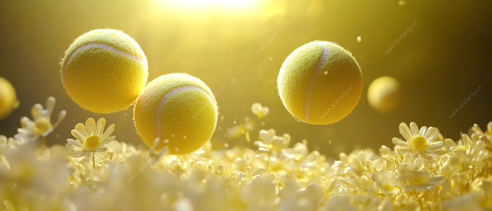 阳光下花丛中的网球飞舞