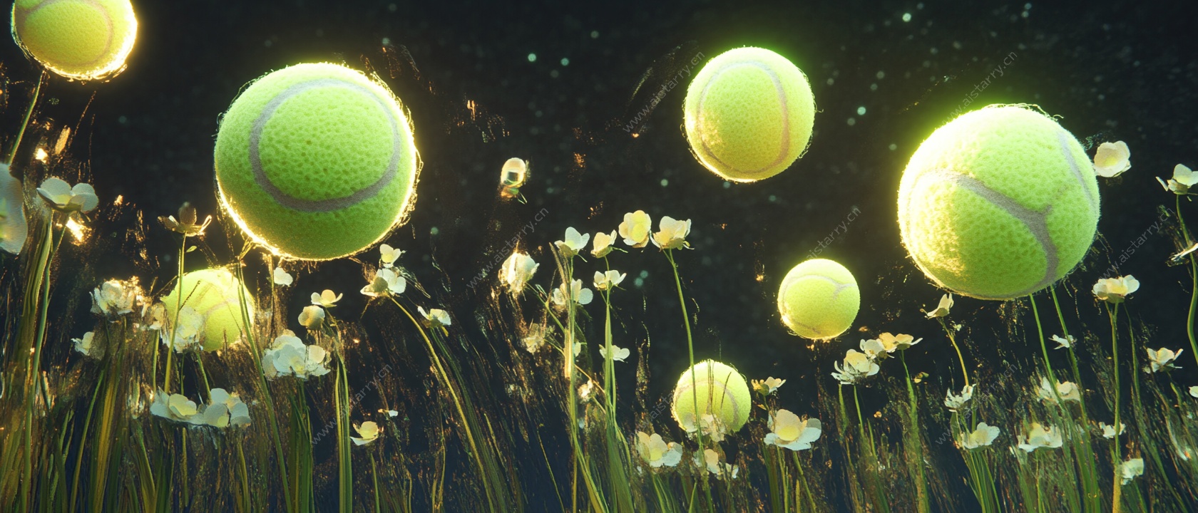 网球绽放于梦幻花卉间