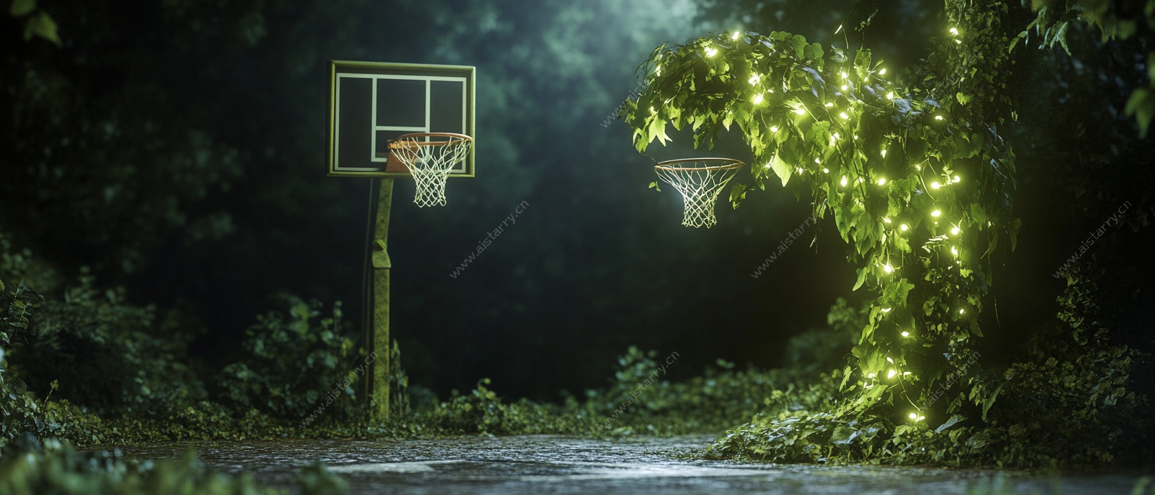 梦幻夜色中的篮球场景