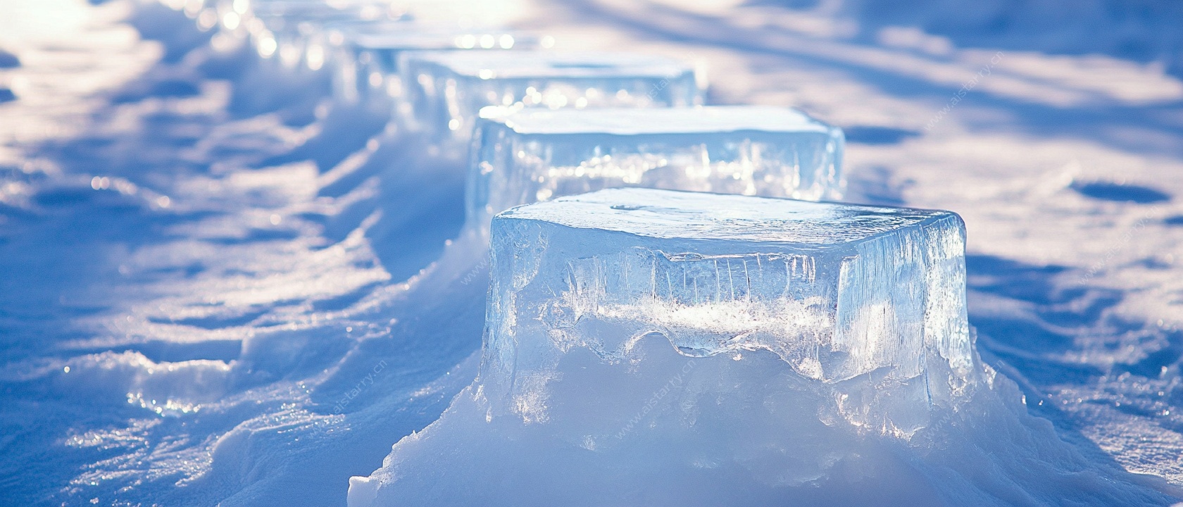 冬日雪地上的透明冰块