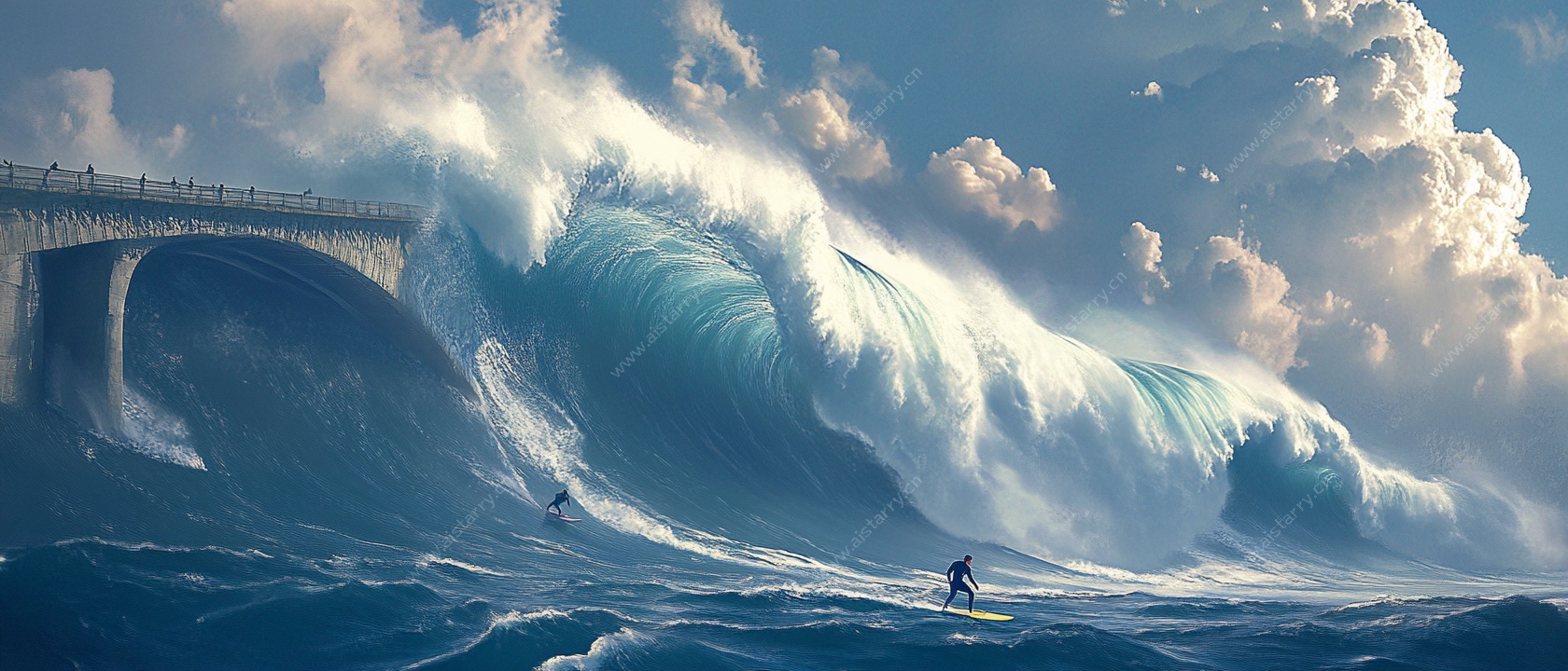 海浪拍桥冲浪景象