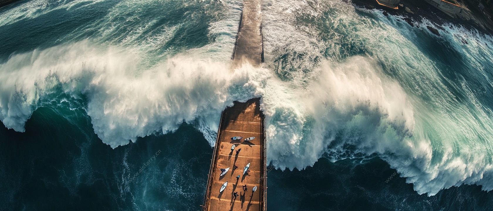 海浪冲击下的木质栈桥