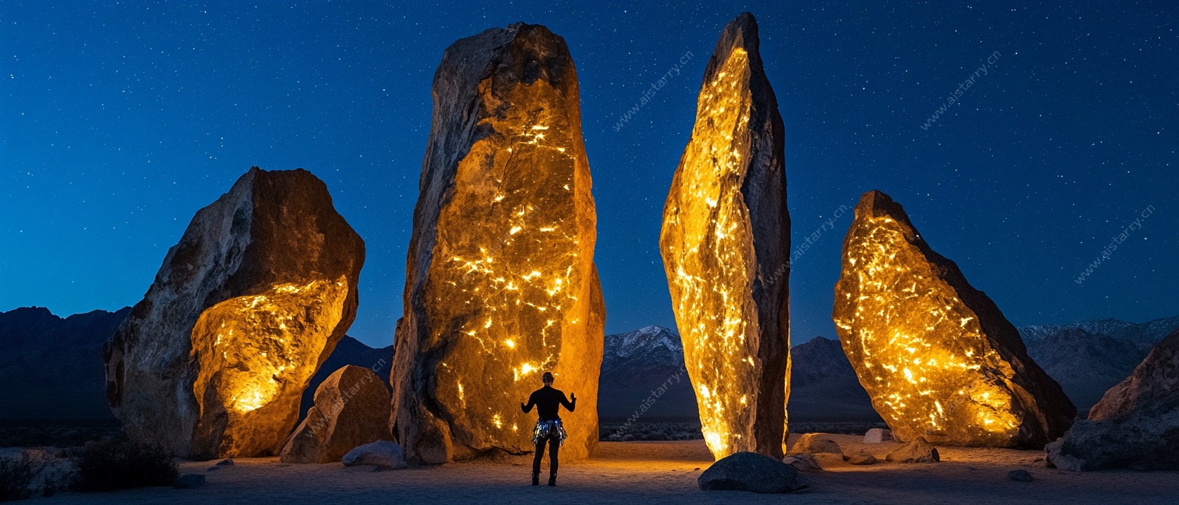 夜晚发光巨石前的人影