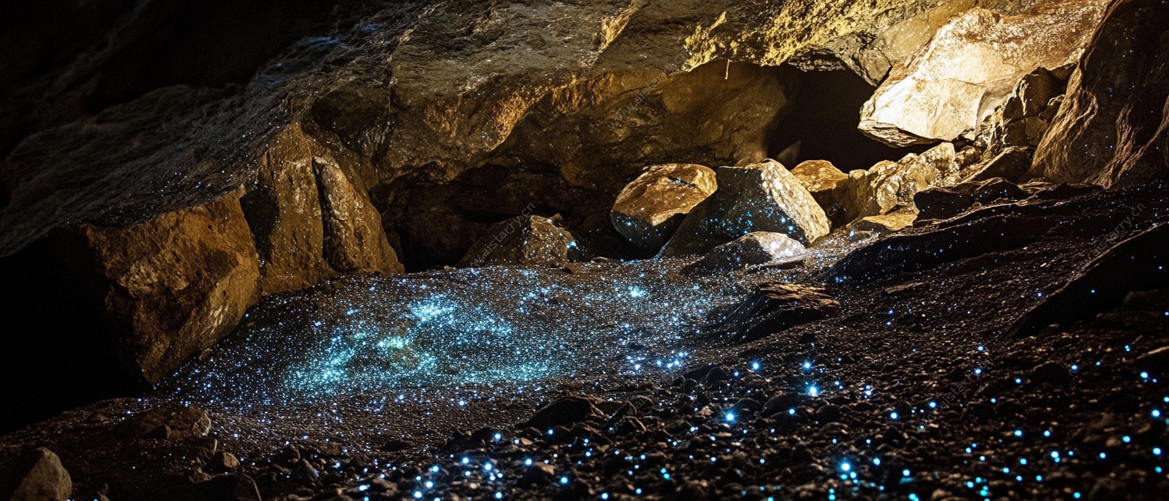 洞穴内的蓝色发光虫景观