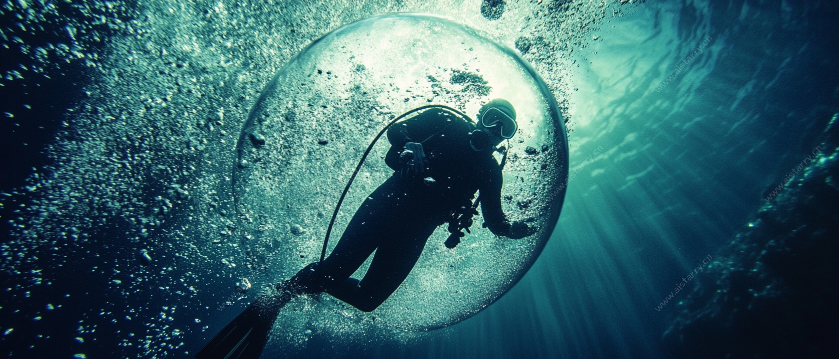 潜水员于水下梦幻气泡中