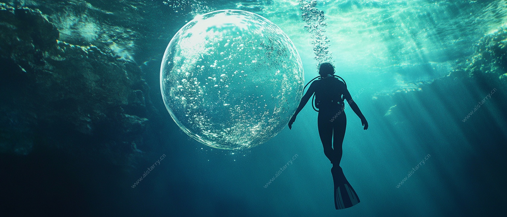 水下梦幻月景中的潜水者