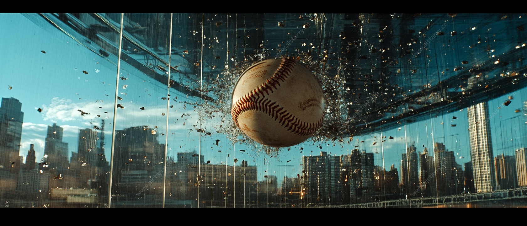 城市中棒球击碎玻璃瞬间
