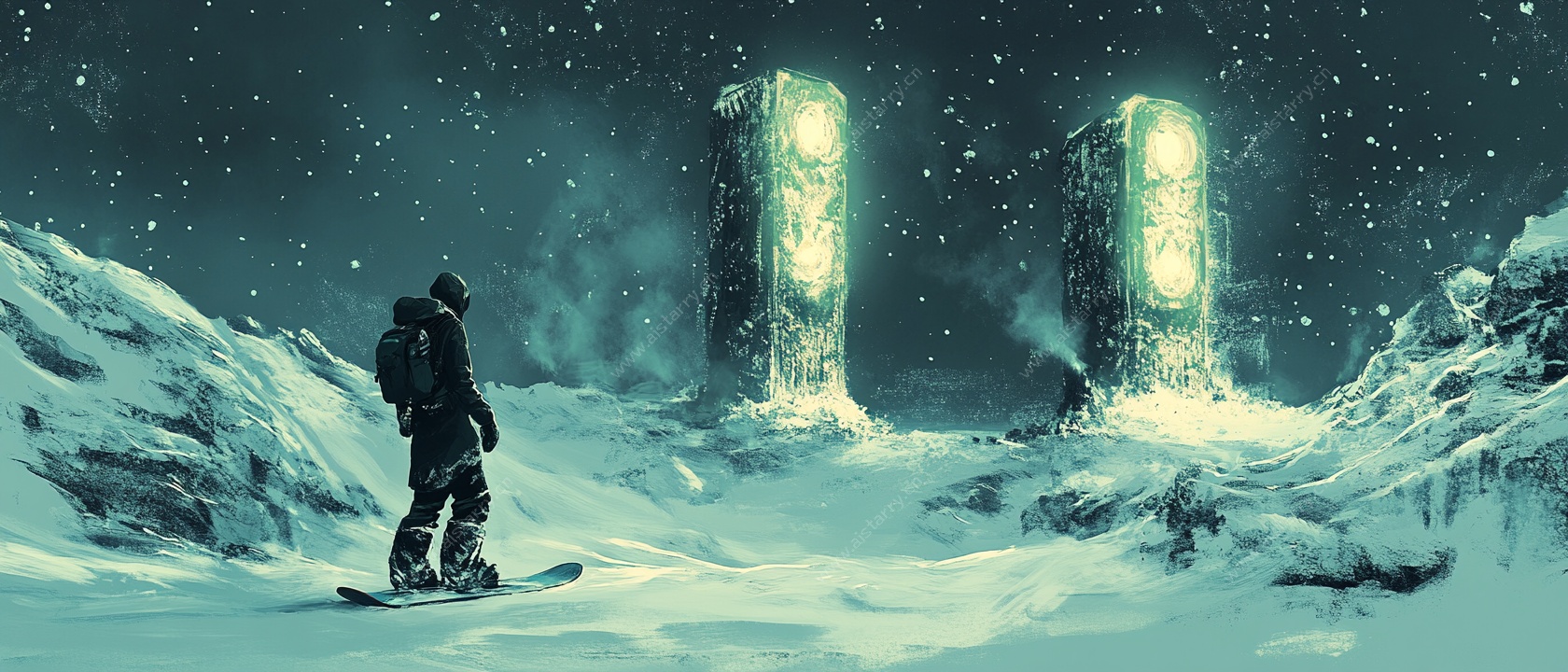 雪野中的科幻滑雪者