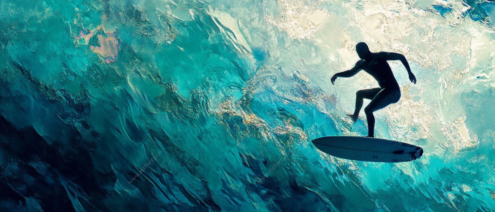 冲浪者在蓝绿色海浪中驰骋