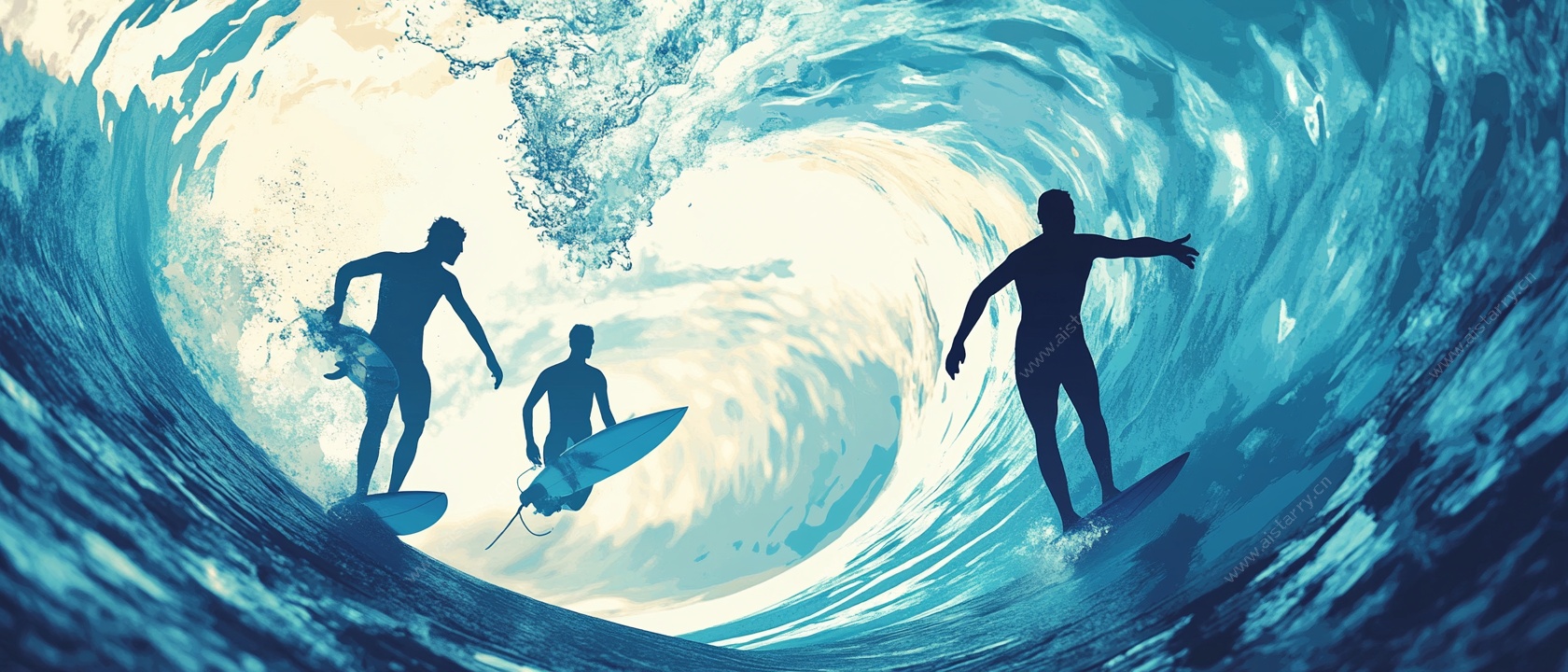 三人于浪中冲浪的动感瞬间