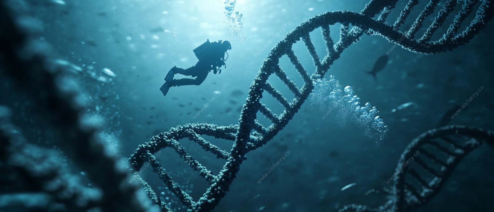 潜水员与水下DNA双螺旋