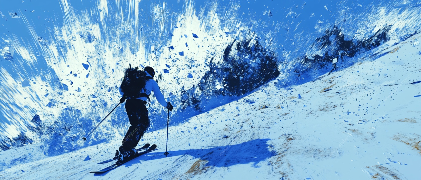 单人滑雪于雪山壮丽场景