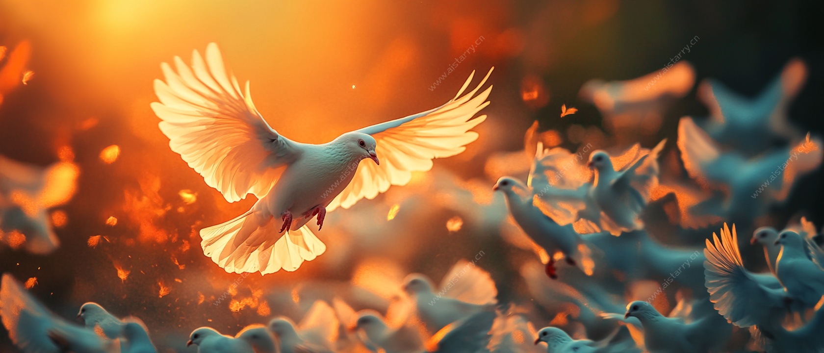 白鸽翱翔于绚烂光影中